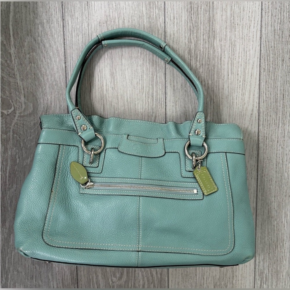 Coach Penelope Aqua Blue Pebbled Leather Zipper Closure Tote Shoulder Bag - Picture 2 of 13